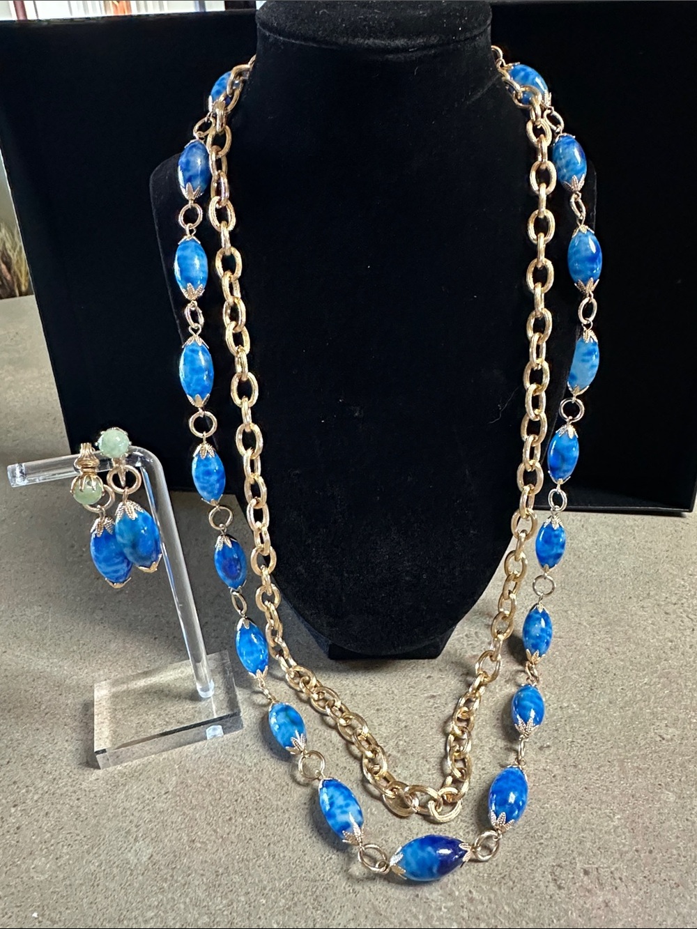 Vintage Hong Kong Multi Strand Blue Marbled Bead Necklace & Earring Set
